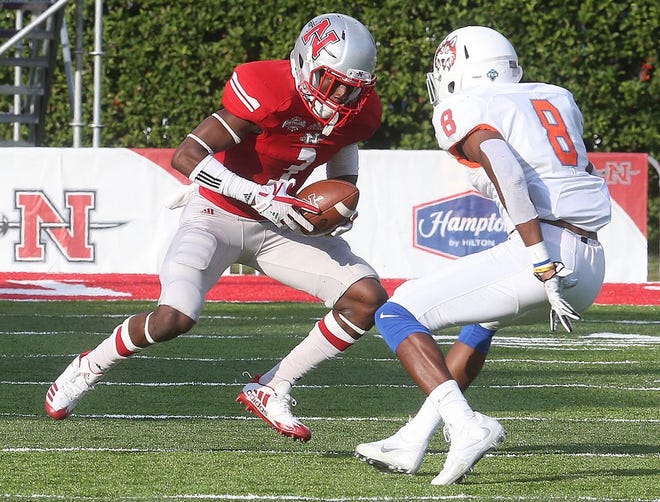 Nicholls wide receiver Damion Jeanpiere Jr. (3) catches a pass in front of Houston Baptist cornerback Raphael Lewis (8) during last week’s game at Manning Field at John L. Guidry Stadium in Thibodaux. [Abby Tabor/Staff – houmatoday/dailycomet]