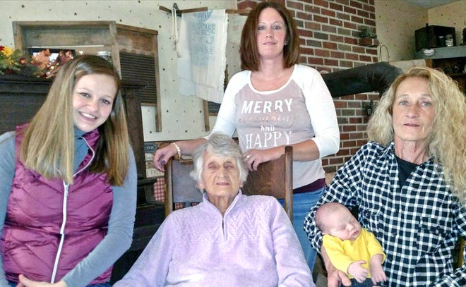 Annie Wakefield of Lattasburg is pictured with her daughter, Vicki Snodgrass of Loudonville; granddaughter, Jessica Easterday of Mohicanville; great-granddaughter Kiya Berry of McKay and great-great-grandson, Vincent "Vinny" Cohen Zeno, also of McKay. There are 89 years between Annie and Vinny. Vinny was born Oct. 25 and weighted 7 pounds, 14 ounces. He was 20 1/2 inches long.