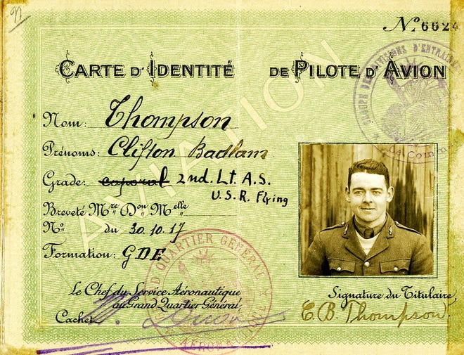 Clifton Thompson's French Army identity card identifies him as a pilot. He originally flew as a corporal in the Lafayette Flying Corps, but after he was commissioned as a U.S. Army officer he took a pen and updated his rank. [Courtesy of the Thompson family]