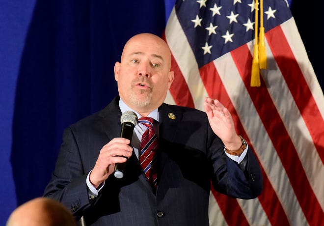 Congressman Tom MacArthur addresses the crowd during a town hall he hosted with U.S. Treasury Secretary Steven Mnuchin and adviser Ivanka Trump for a discussion about tax reform at the Bayville fire hall in Ocean County on Monday, Nov. 13, 2017. [CARL KOSOLA / STAFF PHOTOJOURNALIST]
