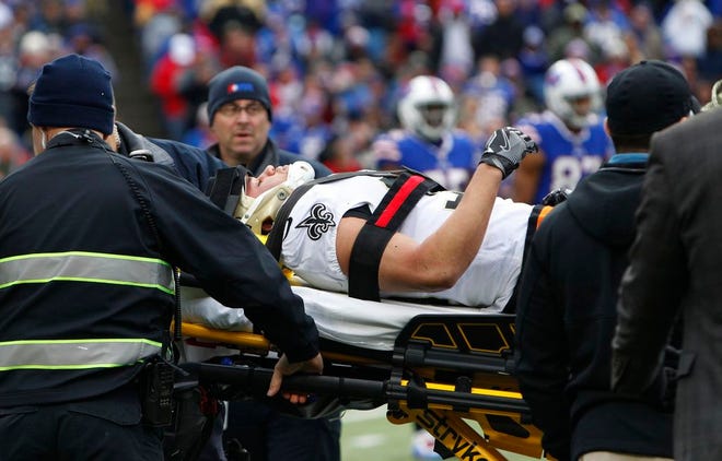 New Orleans Saints running back Daniel Lasco (36) is carted off the field during the first half of Sunday's game against the Buffalo Bills in Orchard Park, N.Y. (AP Photo/Jeffrey T. Barnes)