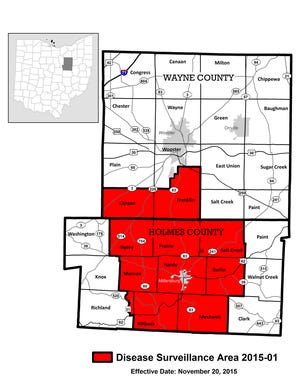 The townships in red are included in the Disease Surveillance Area, where hunters are required to take their deer to a Division of Wildlife check station.