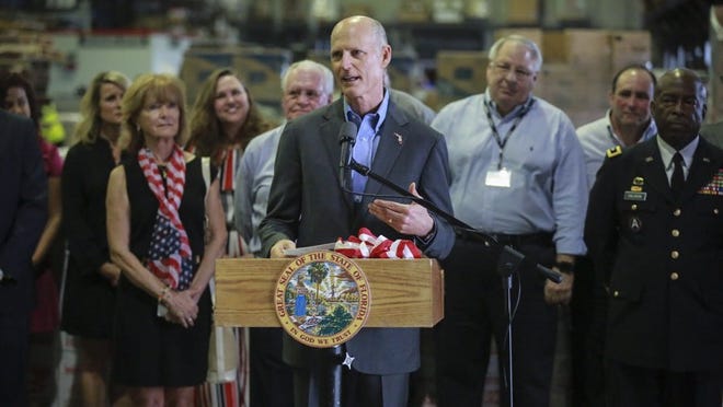 Florida Gov. Rick Scott on Monday, Nov.13, 2017 at Cheney Brothers Inc. in Riviera Beach, where he announced $178 million in veterans programs in his proposed 2018 budget. (Bruce R. Bennett / The Palm Beach Post)