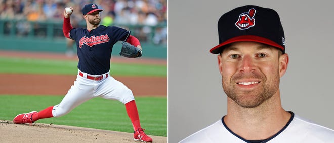 FILE - At left, in a July 9, 2017, file photo, Cleveland Indians pitcher Corey Kluber delivers in the first inning of a baseball game against the Detroit Tigers in Cleveland. At right is a 2017 file photo showing Cleveland Indians pitcher Corey Kluber. Max Scherzer and Clayton Kershaw duel for the NL Cy Young Award while Corey Kluber and Chris Sale top the candidates for the AL prize. The Cy Young Awards are announced Wednesday, Nov. 15, 2017. (AP Photo/File)