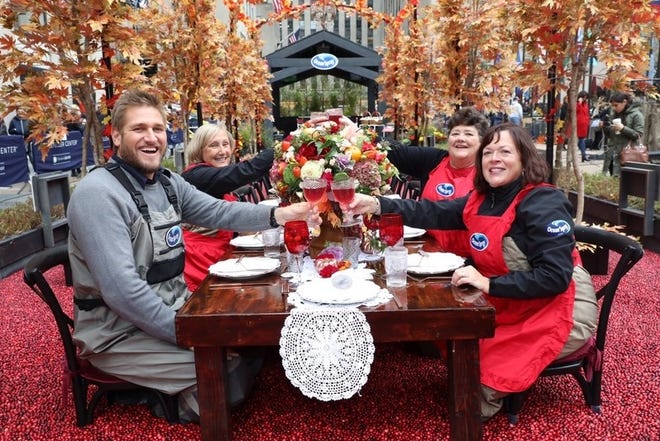 Award-winning chef Curtis Stone teamed with Ocean Spray's farmer grandmas (from left) Sue Gilmore, Woodland resident Mary Ann Lee and Diane Moss, known as "CranMas," to help first-time hosts master the Thanksgiving menu at Ocean Spray's annual cranberry bog at Rockefeller Center in New York on Wednesday, Nov. 1, 2017. [COURTESY OF OCEAN SPRAY]