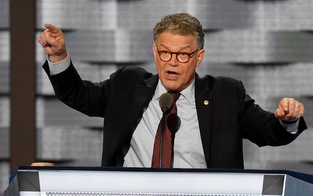 NOW IN HOT SEAT — Sen. Al Franken (D-Minn.) addresses delegates during the 2016 Democratic National Convention on July 25, 2016, at the Wells Fargo Center in Philadelphia. He has become the latest to be accused of sexual harassment. (Clem Murray/Philadelphia Inquirer/TNS)