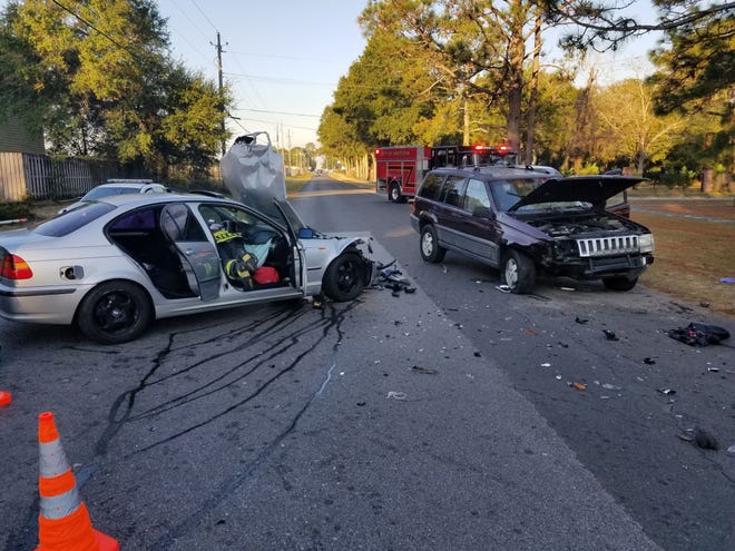 Scene from an accident at the intersection of Aplin Road and South Rayburn Street in Crestview around 6:30 a.m. Thursday. [CONTRIBUTED PHOTO]