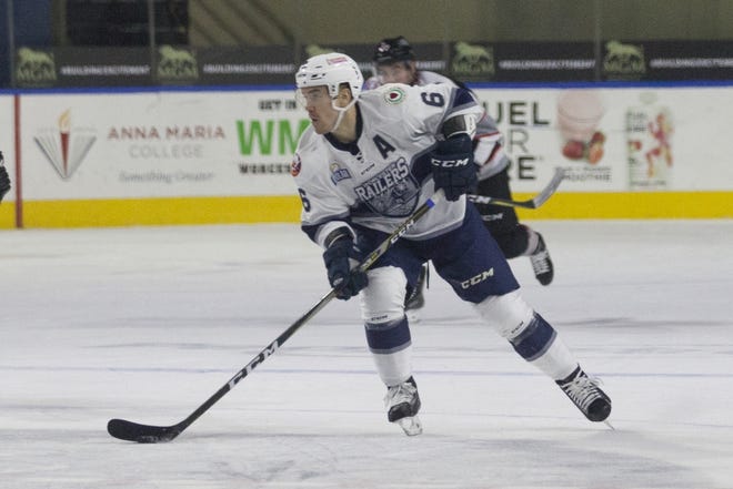 Railers defenseman Mike Cornell brings the puck up-ice during a recent game. [Photo/Matt Wright]