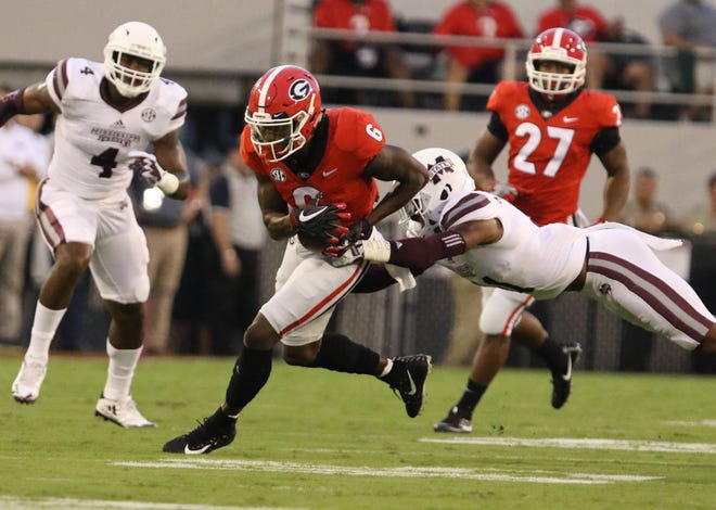 Georgia receiver Javon Wims (6) during the Bulldogs’ game against Mississippi State at Sanford Stadium in Athens, Ga., on Saturday, Sept. 23, 2017. (Andy Harrison/UGA Sports Communications)