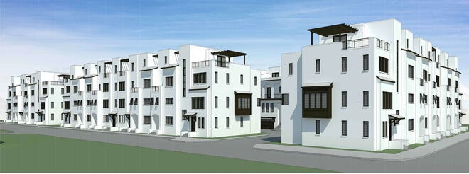 The New Urbanist style, three-story walk-up buildings will average between 2,250 and 2,650 square feet, with a two-car attached garage for each residence. [PROVIDED RENDERING]