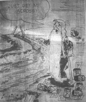 The public frustration at interminable waits in line at the low-level bridges across the Intracoastal Canal in Houma was illustrated by late newspaper cartoonist Carl Junot, accompanying a November 1956 Courier editorial lambasting the Terrebonne Police Jury for "dallying" in finalizing approval of a tunnel crossing.