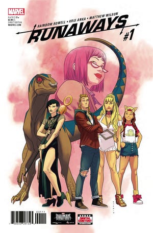 The latest "Runaways" No. 1, which came out in September, features on the cover, from left, Old Lace, Nico, Chase, Karolina and Molly (with a vignette of Gert above). [MARVEL ENTERTAINMENT INC.]