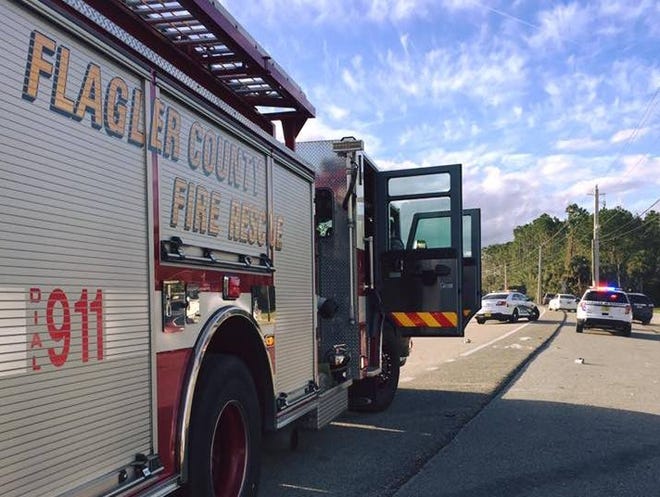 Engine 16 and Rescue 51 on the scene of a crash on U.S. 1 at Old Dixie Highway in which a motorcyclist was killed Monday, Nov. 20, 2017. [Photo provided/Flagler County Professional Firefighters Local 4337]