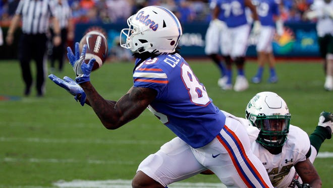 Florida receiver Tyrie Cleveland is unable to make a catch Saturday in Gainesville. (Associated Press)
