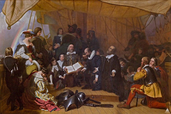 "Embarkation of the Pilgrims" by Robert J. Wier. Pastor John Robinson preaches before the departure of the Pilgrims aboard the Speedwell, July 22, 1620. After two tries, the Speedwell was abandoned and the passengers crammed into a second ship, Mayflower, and sailed 66 days to what would be called Plymouth Colony. [Courtesy of the Architects of the Capitol]