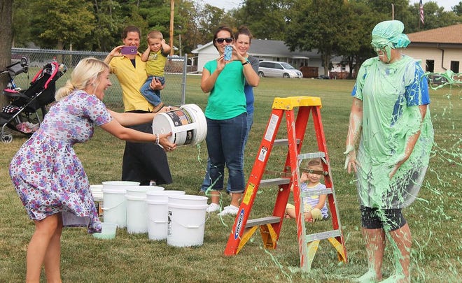 As a result of the fundraising efforts of students Prairie Central Primary East in Chatsworth, the school’s principal, Shannon McGuckin, was doused in slime by all eight teachers at the school on Sept. 27. Students raised $370 for the school’s Parent Teacher Organization.