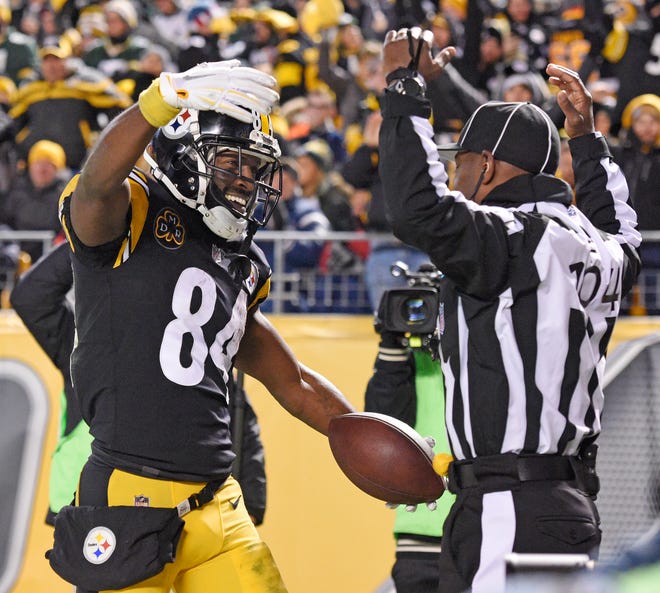 Steelers wide receiver Antonio Brown (84) celebrates his touchdown catch in front of field judge Dale Shaw (104) during the second half of an NFL football game against the Green Bay Packers in Pittsburgh. [AP Photo/Don Wright]