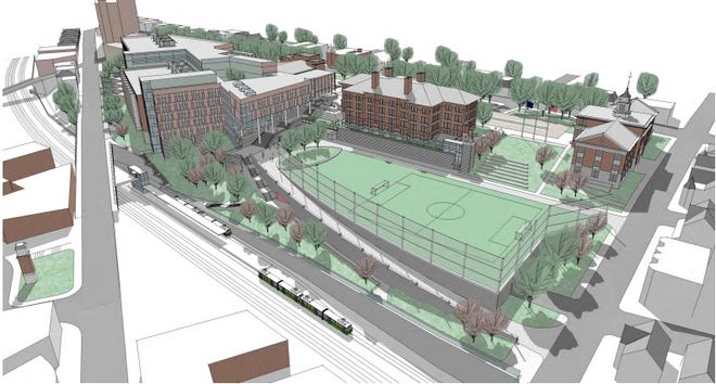 A rendering of the exterior space for the new Somerville High School site. [Photo Courtesy Somerville Public Schools]