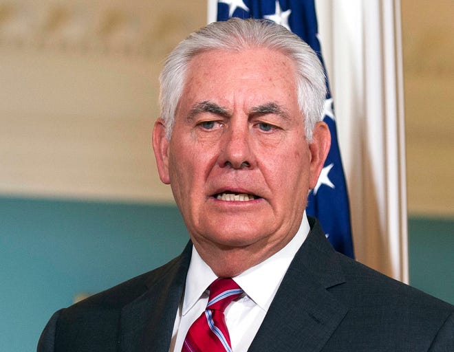 Secretary of State Rex Tillerson answers a reporters question about North Korea while he meets with German Foreign Minister Sigmar Gabriel, left, at the State Department in Washington, Thursday, Nov. 30, 2017. The White House is discussing a plan to replace Secretary of State Rex Tillerson with CIA director Mike Pompeo, according to an administration official, who sought anonymity to discuss internal thinking. (AP Photo/Cliff Owen)