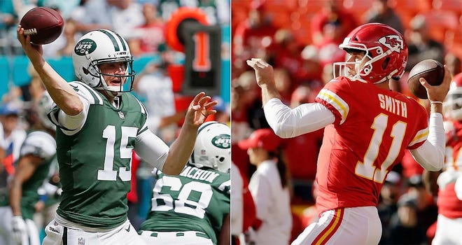 At left, in an Oct. 22 file photo, New York Jets quarterback Josh McCown looks to pass during the first half of an NFL football game against the Miami Dolphins in Miami Gardens, Fla. At right, in a Nov. 26, file photo, Kansas City Chiefs quarterback Alex Smith warms up before an NFL football game against the Buffalo Bills in Kansas City, Mo. The Chiefs play at the Jets on Sunday. [ASSOCIATED PRESS]