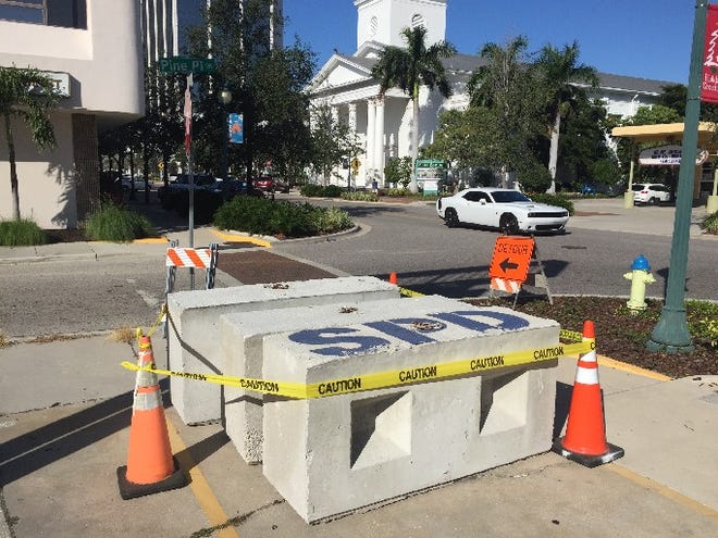 Several 6,000-pound concrete road blocks will be used to block traffic during the Sarasota Holiday Parade and future city activities, the Sarasota Police Department said. [HERALD-TRIBUNE STAFF PHOTO / MIKE LANG]