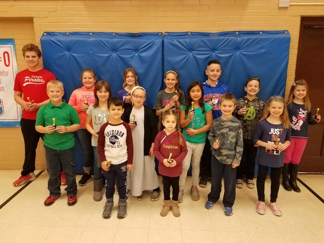 Ragersville Elementary announced its Star Students for November. Pictured, from left, back row, are sixth-graders Zach Misko and Morgan Miller, fifth-graders Katie Fisher and Cora Head, fourth-graders Kingman Bear and Kendall Adkins and third-grader Ethan Specht; middle, third-grader Ethan Specht, second-graders Quinn Schwartz and Mariah Erb; first-graders Samantha Garber and Blake Olinger; and kindergartner Emma Hartzler; front, kindergartners Lincoln Clay and Bella Yoder. PHOTO PROVIDED