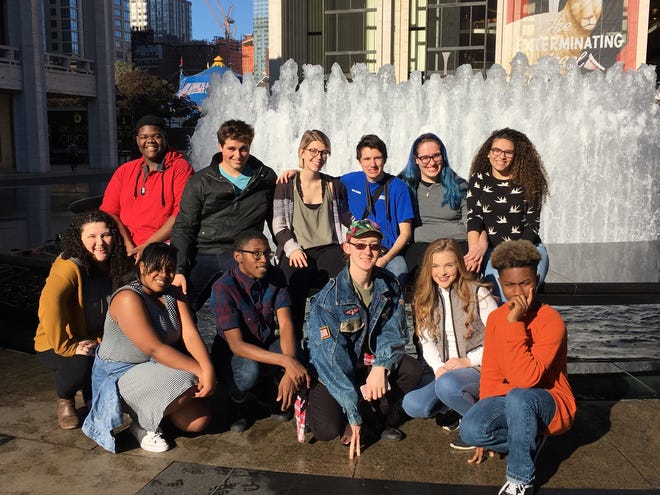 Winners of the 2017 Broadway Experience stand in front of the Lincoln Center.

Back row, from left to right: Jordan Threatt (Northwest School of the Arts), Perrin Kingaby (Central Cabarrus), Kassidy Moore (Jay M. Robinson), James Swayney (Hunter Huss), Nicole Register (Butler), Unique Perez (Central Academy of Technology an Arts)

Front row, from left to right: Lucia Wallace (East Mecklenburg), Amya Burse (Rocky River), Isiah Duren (Vance), Scott Queen (Stuart W. Cramer), Maggie Williamson (Cuthbertson), Marq Ellis (Northwestern). [SUBMITTED PHOTO]