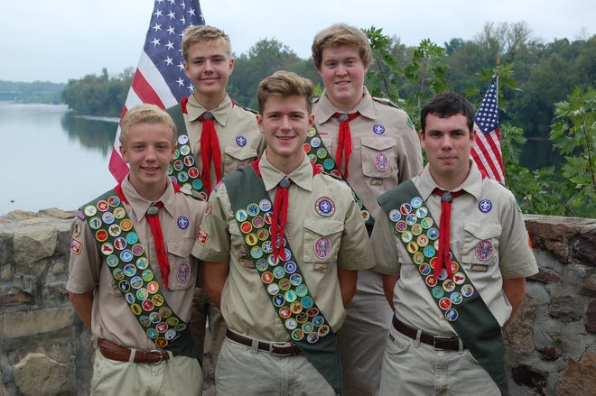 Five Boy Scouts from Yardley Troop 10 recently attained the rank of Eagle Scout. They are, from left: Robert Bozarth, Jack O'Connell, Louis "Luke" C. Fancher IV, Ben Pirog and Nate Hutchins. [TROOP 10 PHOTO]