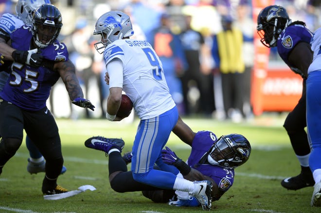 Detroit Lions quarterback Matthew Stafford (9) is sacked by Baltimore Ravens outside linebacker Matt Judon in the first half of an NFL football game, Sunday, Dec. 3, 2017, in Baltimore. (AP Photo/Nick Wass)