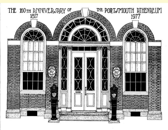 Col. Henry B. Margeson's image of the front doors of the Athenaeum's 1805 building was drawn in 1977 to celebrate the Athenaeum's 160th anniversary. [Photo courtesy of Portsmouth Athenaeum]