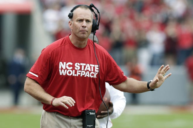 Dave Doeren will be leading N.C. State to its fourth consecutive bowl game. The Wolfpack is matched against Arizona State in the Sun Bowl. [Gerry Broome/The Associated Press, File]