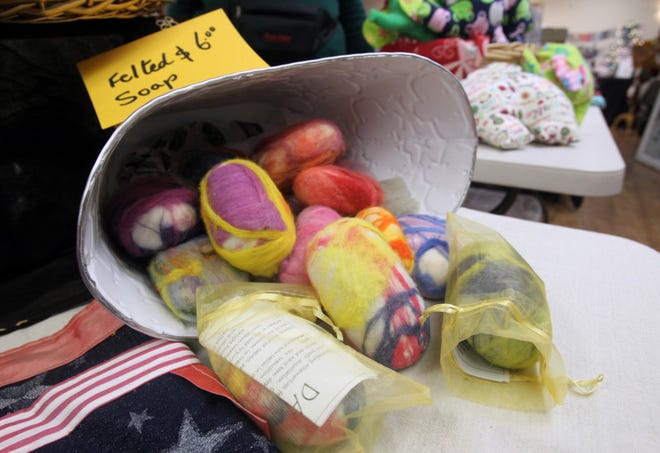 Felted soap on display by DAWN Creations at the HUB Community Center in Copley, Saturday. The event is one of several the organization was offering its goods for sale during the holiday season. (Bob DeMay / Akron Beacon Jounral/Ohio.com)