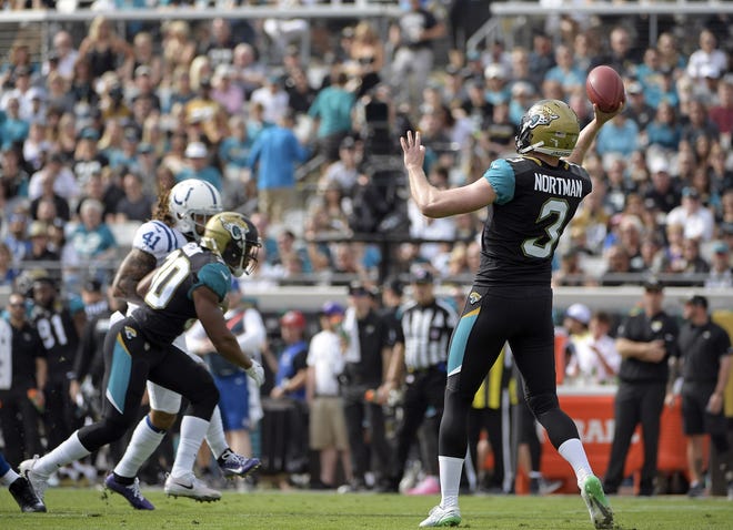 Jacksonville Jaguars punter Brad Nortman (3) throws a pass on a fake punt against the Indianapolis Colts during the first half in Jacksonville. [Phelan M. Ebenhack/AP]