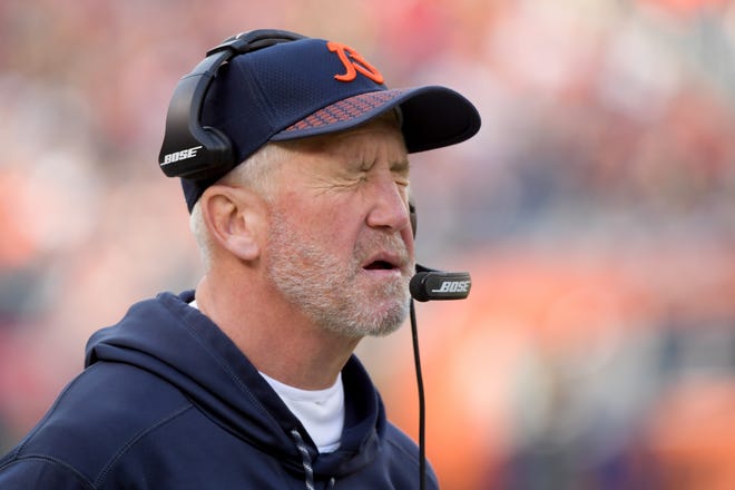 Chicago Bears head coach John Fox reacts during an NFL football game against the San Francisco 49ers in Chicago, Sunday, Dec. 3, 2017. (Mark Black/Daily Herald via AP)