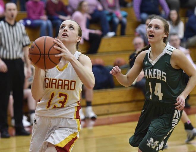 Girard's Andie Stuart looks to shoot in front of Mercyhurst Prep's Renee Stoicovy Feb. 10 at Girard High School. Stuart is one of the key returnees for the YellowJackets. [DAVE MUNCH/ERIE TIMES-NEWS]