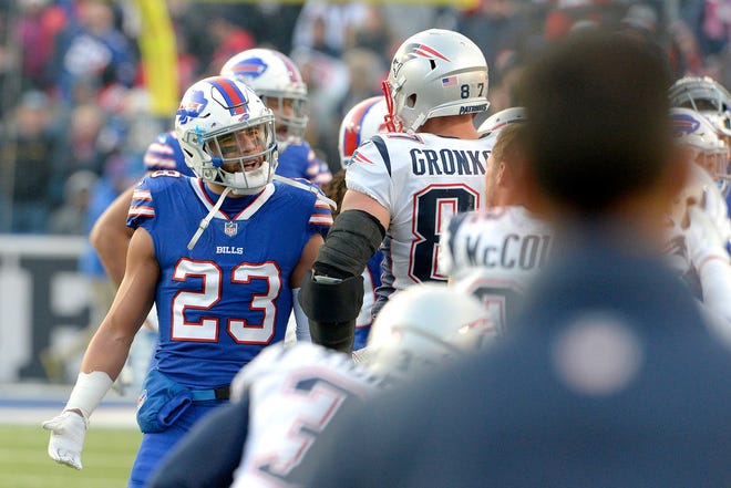 Buffalo Bills strong safety Micah Hyde (23) argues with New England Patriots tight end Rob Gronkowski (87) during the second half of an NFL football game, Sunday, Dec. 3, 2017, in Orchard Park, N.Y.