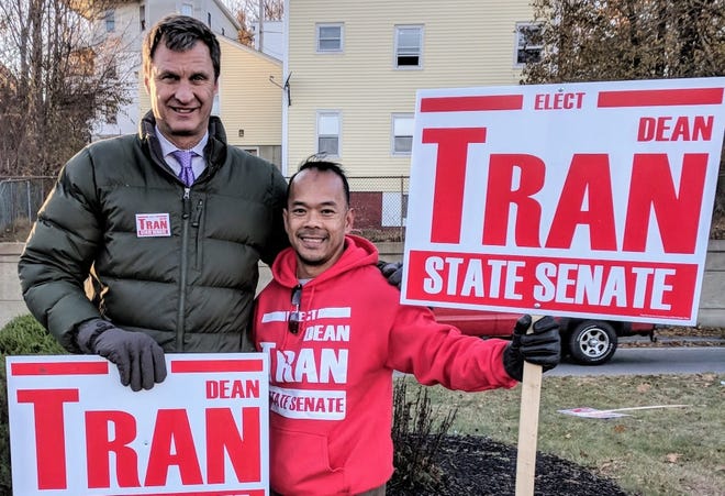 Worcester County Sheriff Lew Evangelidis campaigns with state Senate candidate Dean Tran last month. [File Photo/State House News Service]