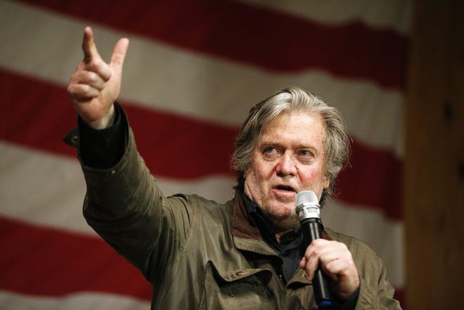 Former White House strategist Steve Bannon speaks during a rally for U.S. Senate hopeful Roy Moore on Tuesday in Fairhope Ala. (AP Photo/Brynn Anderson)