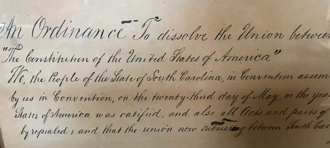 Parts of the resolution dissolving the union between South Carolina and the United States of America. [Photo by Rick Holmes]