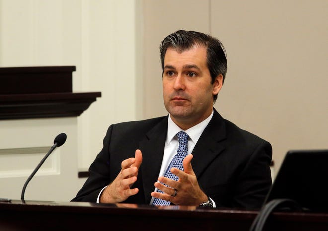 FILE - In a Nov. 29, 2016 file photo, former North Charleston police officer Michael Slager testifies during his murder trial at the Charleston County court in Charleston, S.C. Slager, who fatally shot a black motorist in 2015, could learn his fate as soon as Wednesday afternoon, Dec. 6, 2017, as his federal sentencing hearing winds down on its third day. (Grace Beahm/Post and Courier via AP, Pool, File)