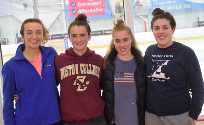 Exeter High School girls hockey team members, from left, Ashley Keaveney, Carissa Towlson, Dakota Markey and Delaney Hyde are part of a core group of players back from last year's team that reached the Division I state final. [Ryan O'Leary/Seacoastonline]