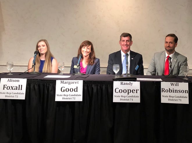 Candidates for state House District 72 and House District 71 participate in a candidate forum hosted Thursday by the Sarasota Tiger Bay Club. [HERALD-TRIBUNE STAFF PHOTO / ZAC ANDERSON]