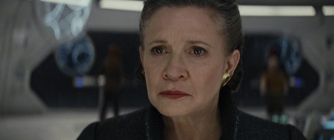 This image released by Lucasfilm shows Carrie Fisher as General Leia in “Star Wars: The Last Jedi,” in theaters on Dec. 15. (Lucasfilm via AP)