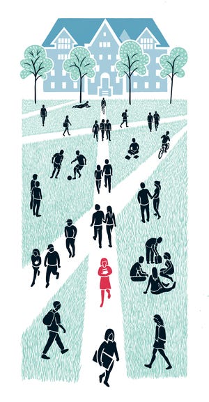 “There’s a real recognition among the leadership at URI that we need to do a better job of supporting students who are experiencing mental health issues, particularly during the critical transition to college” says Cindy Elder, NAMI Rhode Island executive director. [Providence Journal illustration / Tom Murphy]