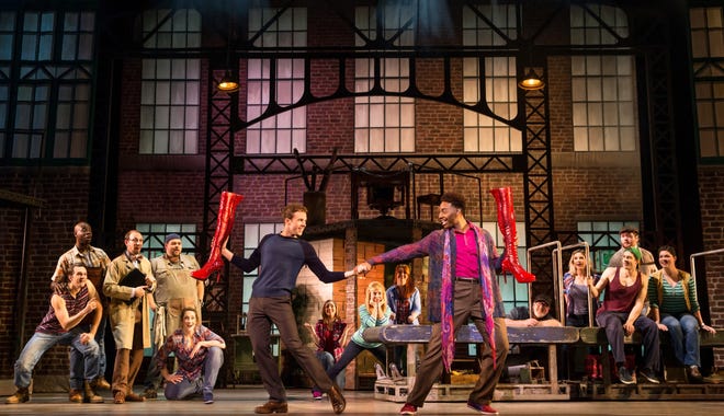 Lance Bordelon, left, with Jos N. Banks and the cast of "Kinky Boots." [Matthew Murphy]