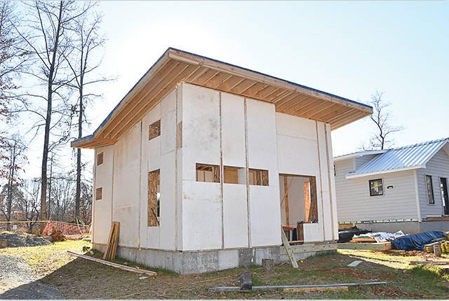 WORK IN PROGRESS — There’s still work to be done on Marty Clemons’ home before she can move in, including installing windows and doors and finishing the interior. (Paul Church/The Courier-Tribune)