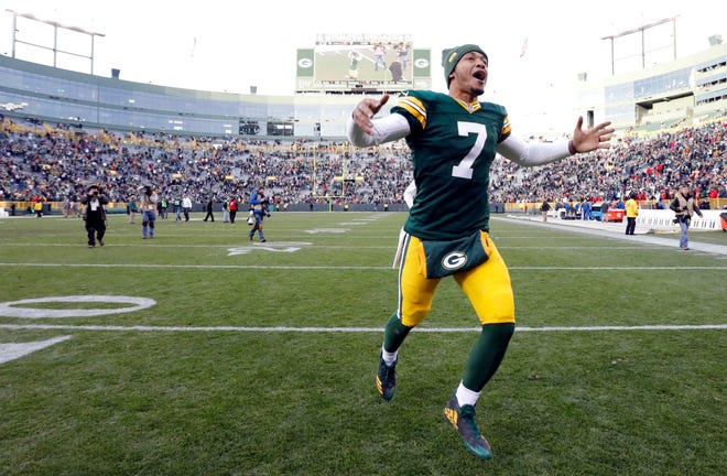 Green Bay Packers’ Brett Hundley celebrates after a 26-20 win in overtime against the Tampa Bay Buccaneers Dec. 3. As star quarterback Aaron Rodgers recovers from a broken collarbone, Hunley will lead the Packers against the winless Cleveland Browns. (AP Photo/Mike Roemer, File)