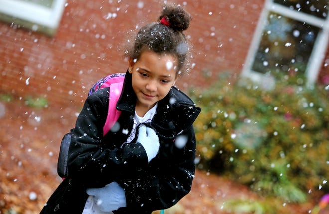 Mackenzie Sanders, 8, bundles up while leaving Marion Elementary School during early dismissal on Friday. [Brittany Randolph/The Star]