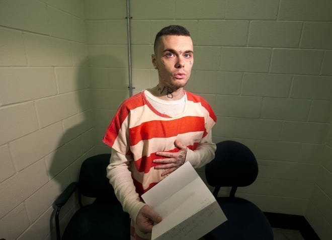 Dillon Gresham is shown in a Marion County Jail interview room. He is charged with first-degree murder and grand theft and is representing himself in trial. [Doug Engle/Staff photographer]