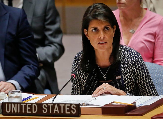 FILE - In a Thursday Sept. 28, 2017 file photo, United Nations Ambassador from U.S. Nikki Haley address U.N. Security Council meeting on Myanmar's Rohingya crisis, at U.N. headquarters. Haley said Sunday, Dec. 10, 1017 on CBS' "Face the Nation" that women who accuse someone of sexual misconduct deserve to be heard, even if it involves President Donald Trump. On Sunday, Haley, who was the first female governor of South Carolina, praised the courage of women who have raised complaints of harassment in various industries from government to Hollywood. (AP Photo/Bebeto Matthews, File)